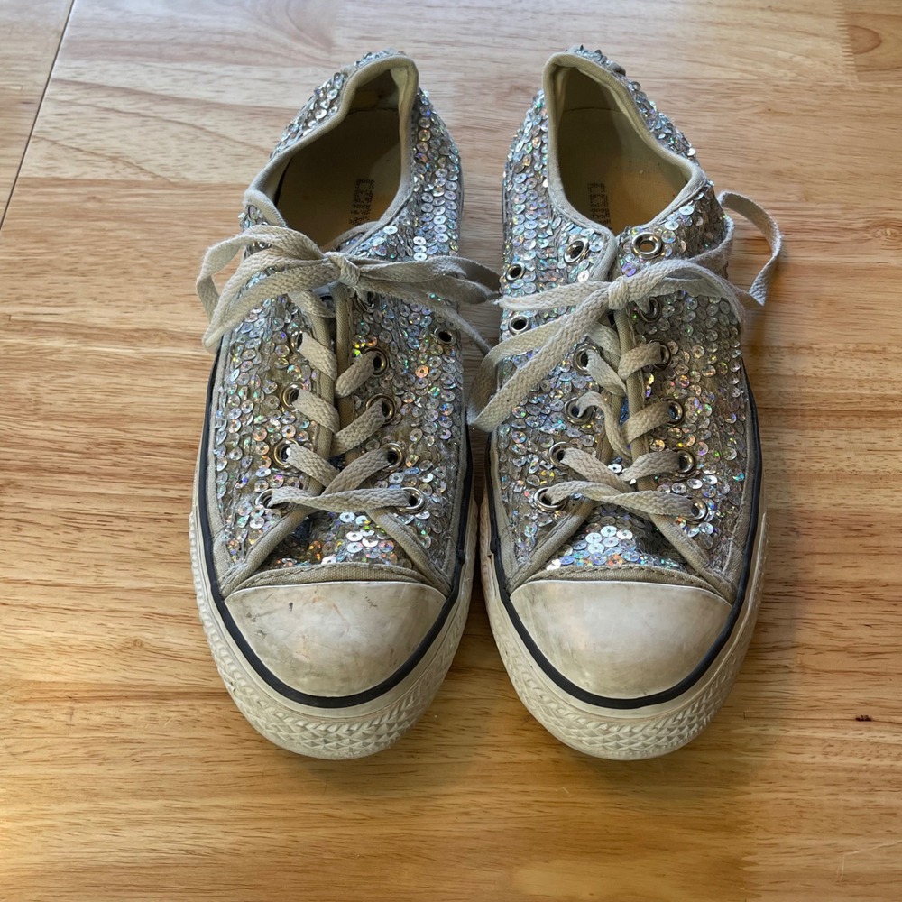 Converse All Star Chuck Taylor Silver Sequin Low Top Sneakers 101726 Womens 10
